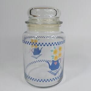 Vintage‎ Hallmark 1986 Glass Cannister Blue Teapot Pink Heart Yellow Daisy